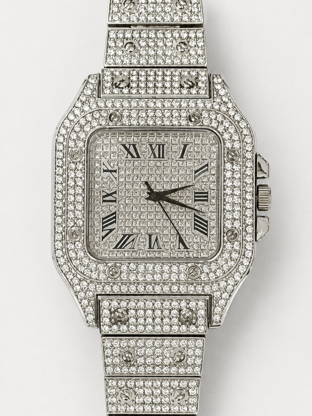 Fully Iced-Out Silver-Tone Square Roman Numeral Watch